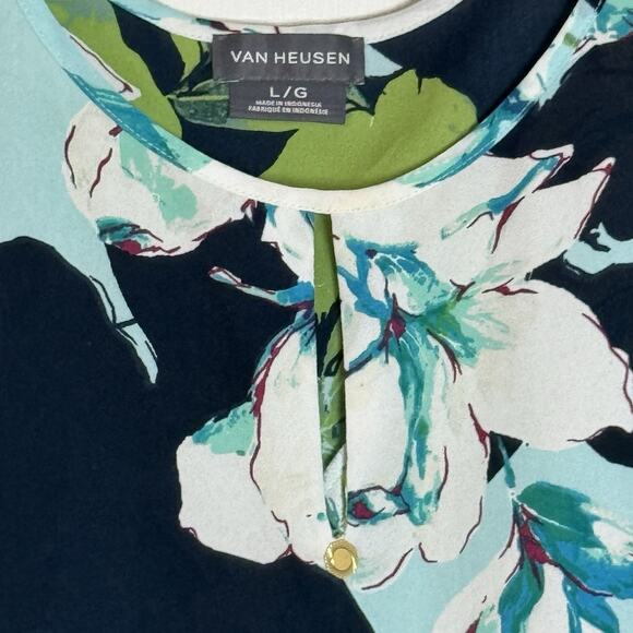 Van Heusen Women's Green/Blue Floral Print Short Sleeved Top, 100% Polyester, L - Picture 3 of 5
